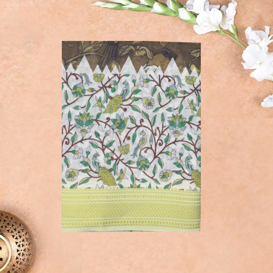 Olive Green with offwhite priented  floral design Semi Chanderi  Saree