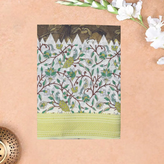 Olive Green with offwhite priented  floral design Semi Chanderi  Saree
