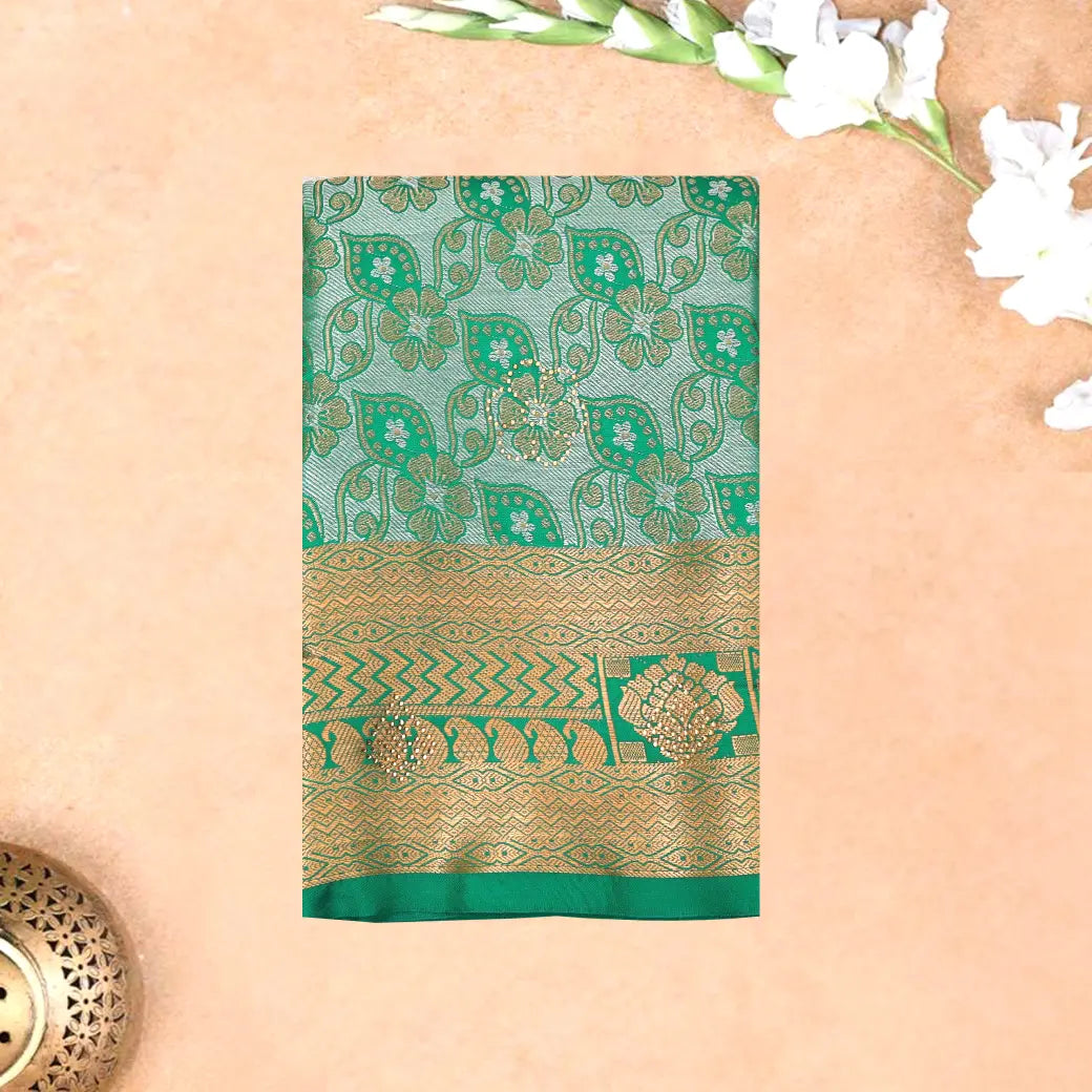 Green Colour Floral Design Traditional  Pattu Pavadai Material