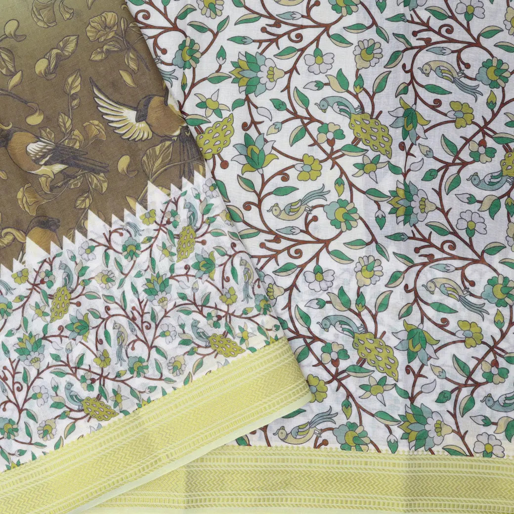 Olive Green with offwhite priented  floral design Semi Chanderi  Saree