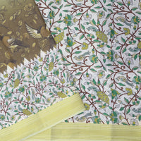 Olive Green with offwhite priented  floral design Semi Chanderi  Saree