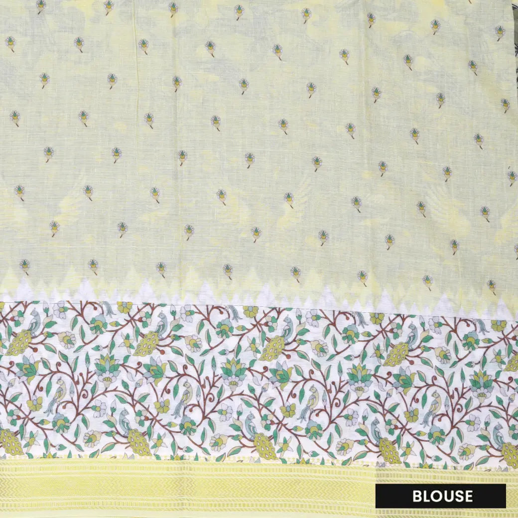 Olive Green with offwhite priented  floral design Semi Chanderi  Saree