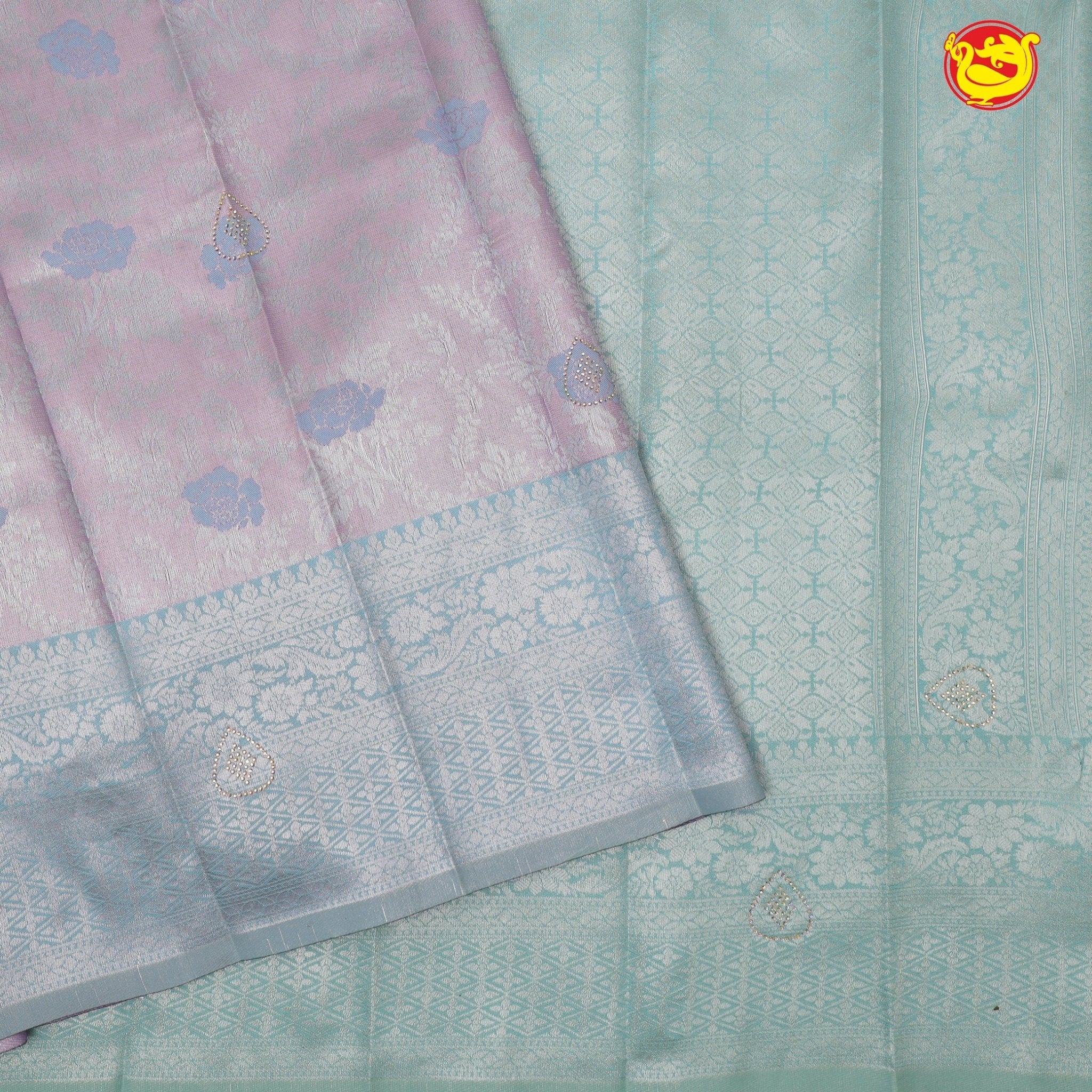 Pink with Ice Blue Floral Motifs Soft Silk Saree