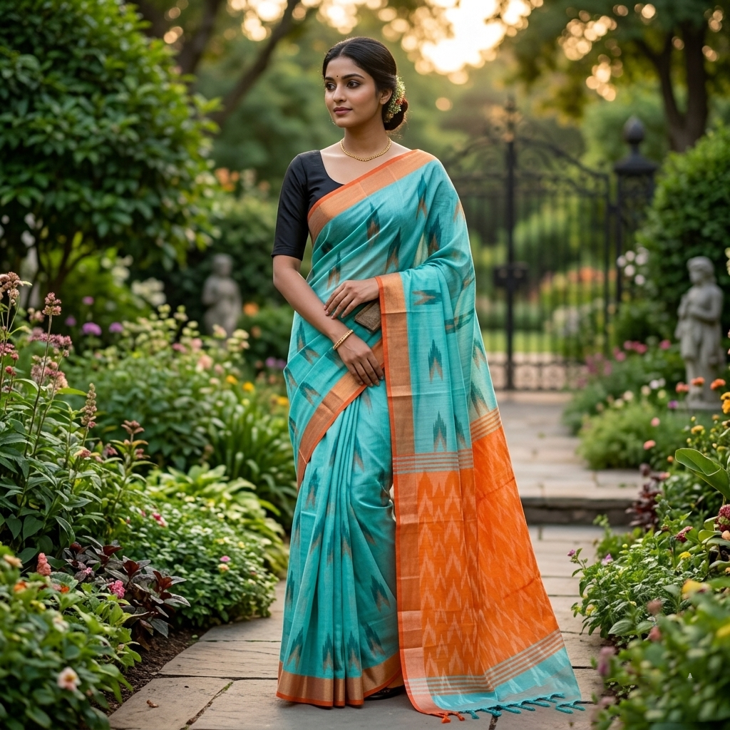 Sky Blue With Orange Trendy Linen Saree