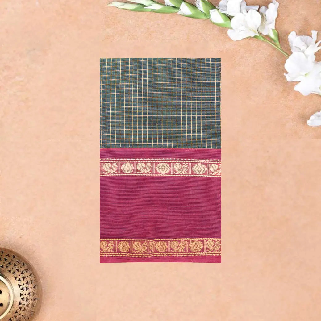 Dark Green with Magenta Small Checked Pattern Pure Chettinad Cotton Saree without Blouse