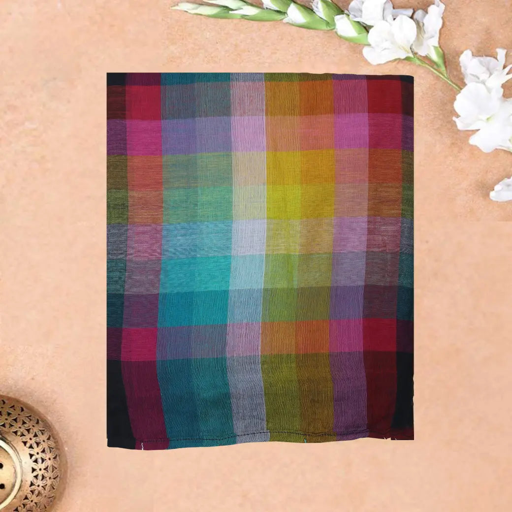 Multicolor Checked Linen Cotton Saree without Blouse