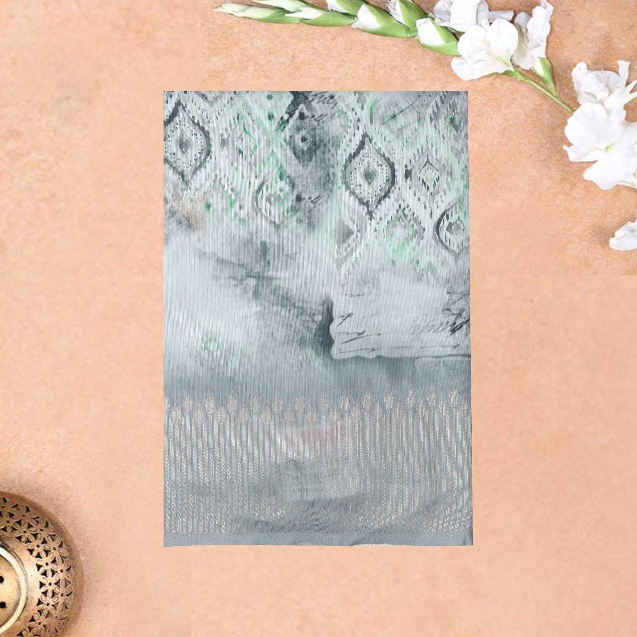 Grey With Green Floral Design Dola Silk