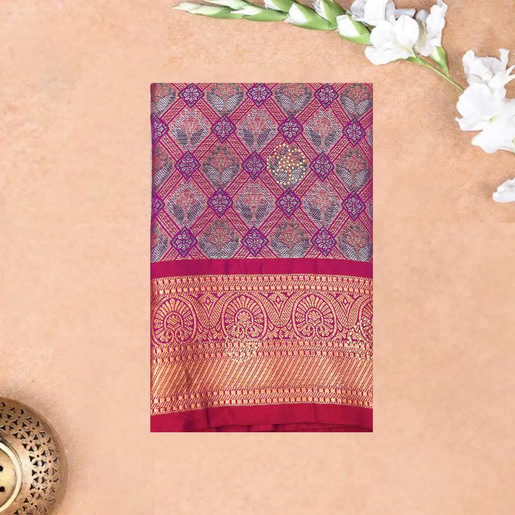 Magenta Pink With Red Border  Floral Design Traditional  Pattu Pavadai Material
