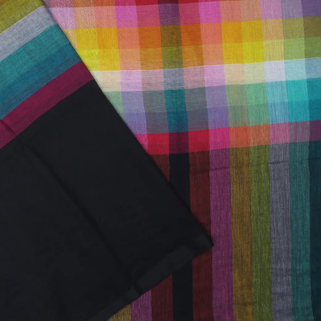 Multicolor Checked Linen Cotton Saree without Blouse