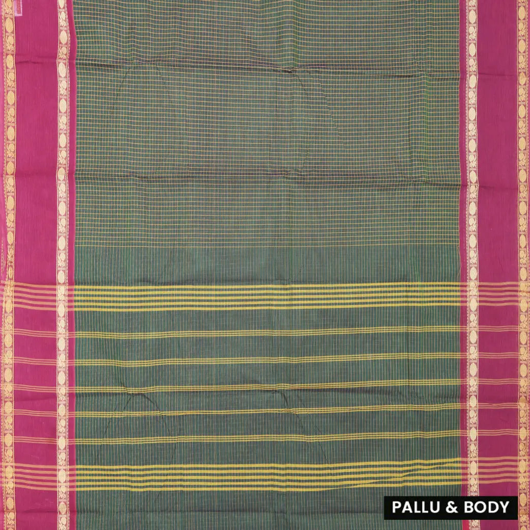 Dark Green with Magenta Small Checked Pattern Pure Chettinad Cotton Saree without Blouse