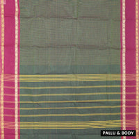 Dark Green with Magenta Small Checked Pattern Pure Chettinad Cotton Saree without Blouse