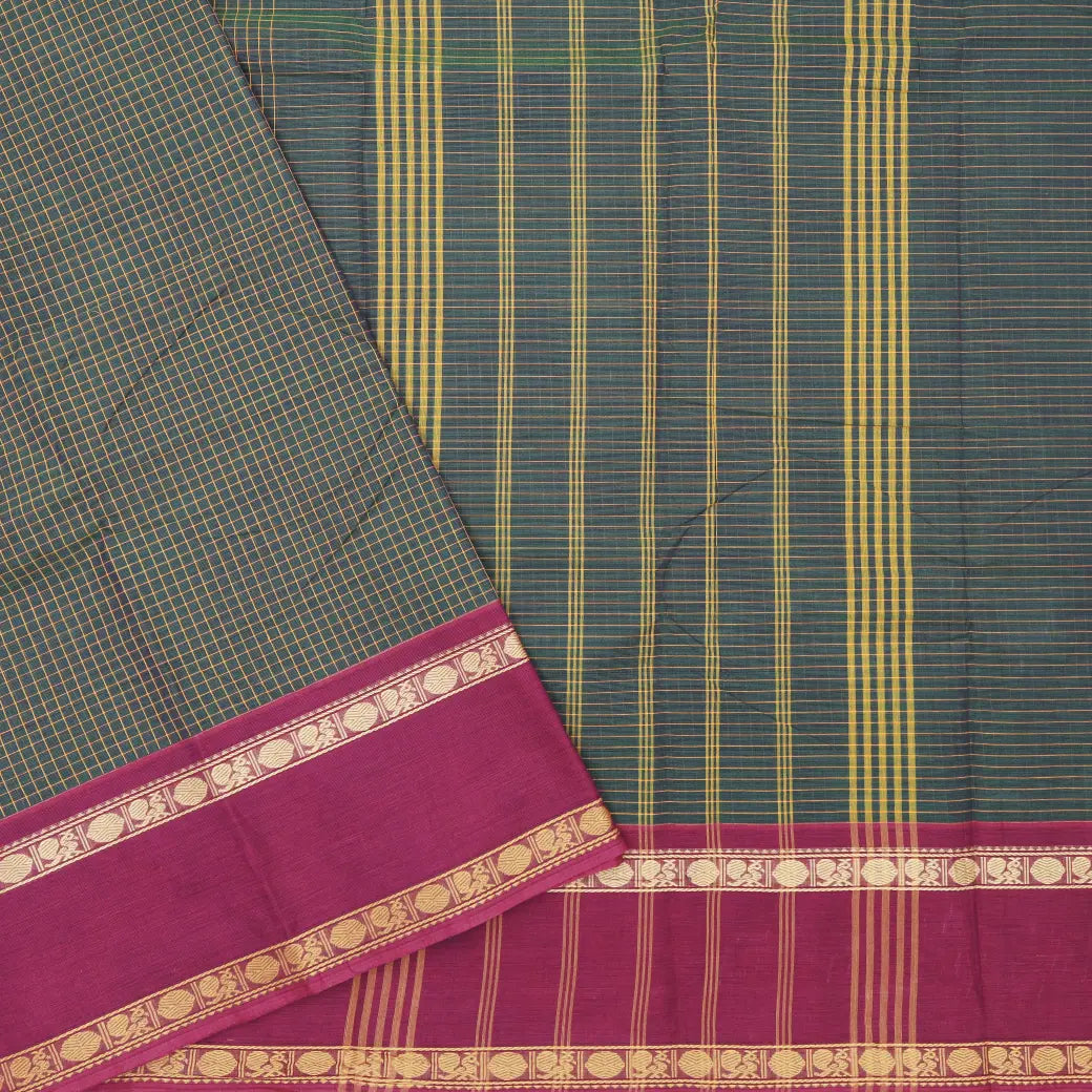 Dark Green with Magenta Small Checked Pattern Pure Chettinad Cotton Saree without Blouse