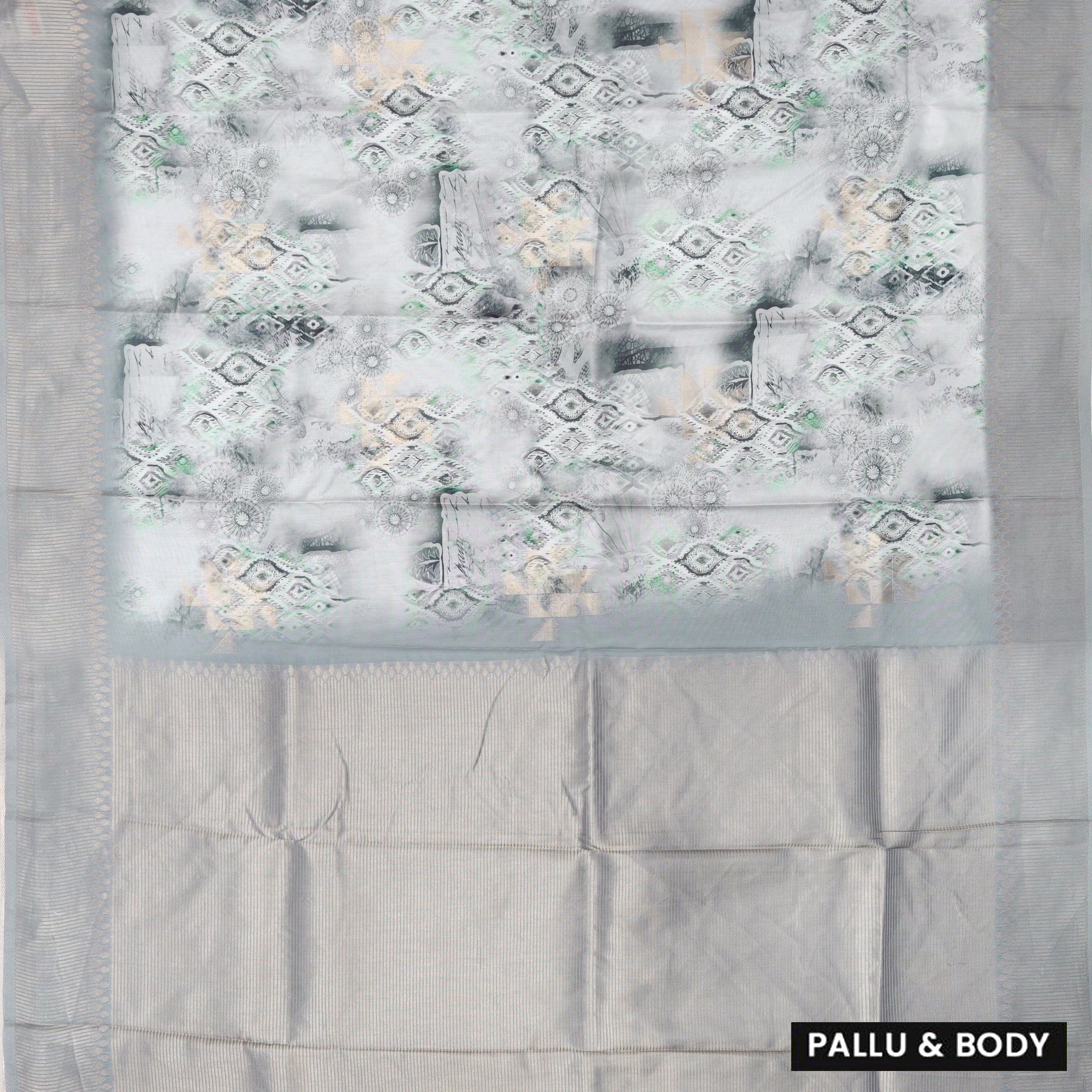 Grey With Green Floral Design Dola Silk