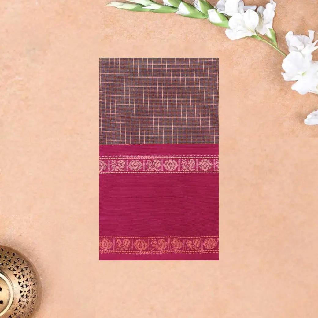 Dark Grayish Brown with Pink Small Checked Pattern Pure Chettinad Cotton Saree without Blouse