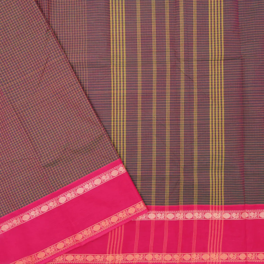 Dark Grayish Brown with Pink Small Checked Pattern Pure Chettinad Cotton Saree without Blouse