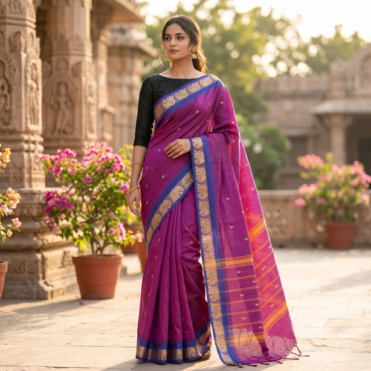Dark Purple  with Royal Blue Border Pure Cotton Saree