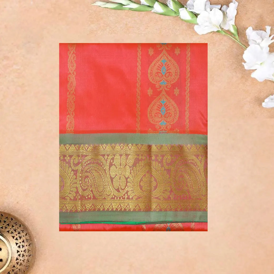 Orange With Green Border Floral Design Traditional  Pattu Pavadai Material