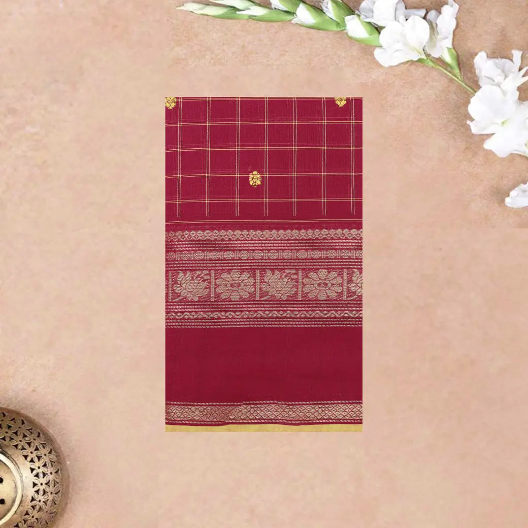 Dark Pink with Yellow Checked Pattern Pure Chettinad Cotton Saree without Blouse