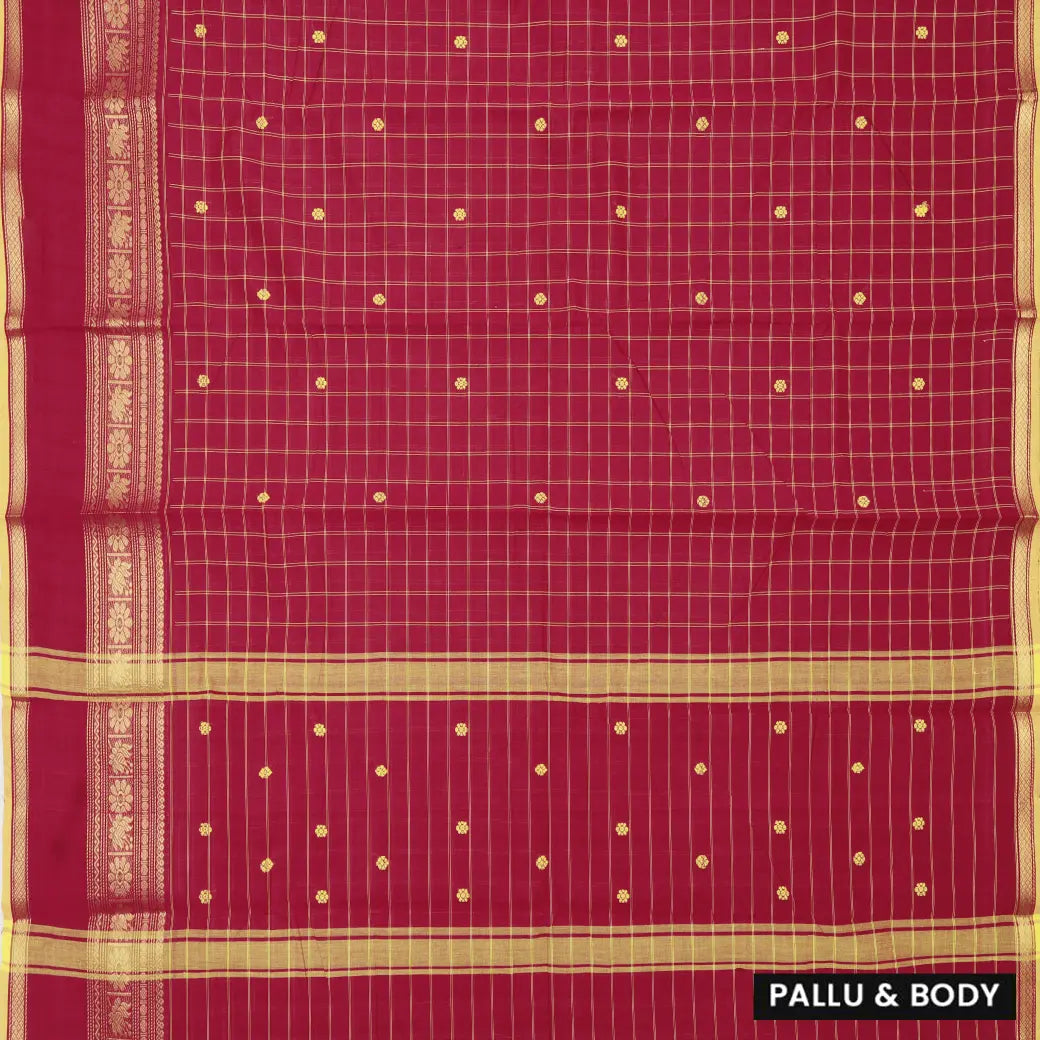 Dark Pink with Yellow Checked Pattern Pure Chettinad Cotton Saree without Blouse