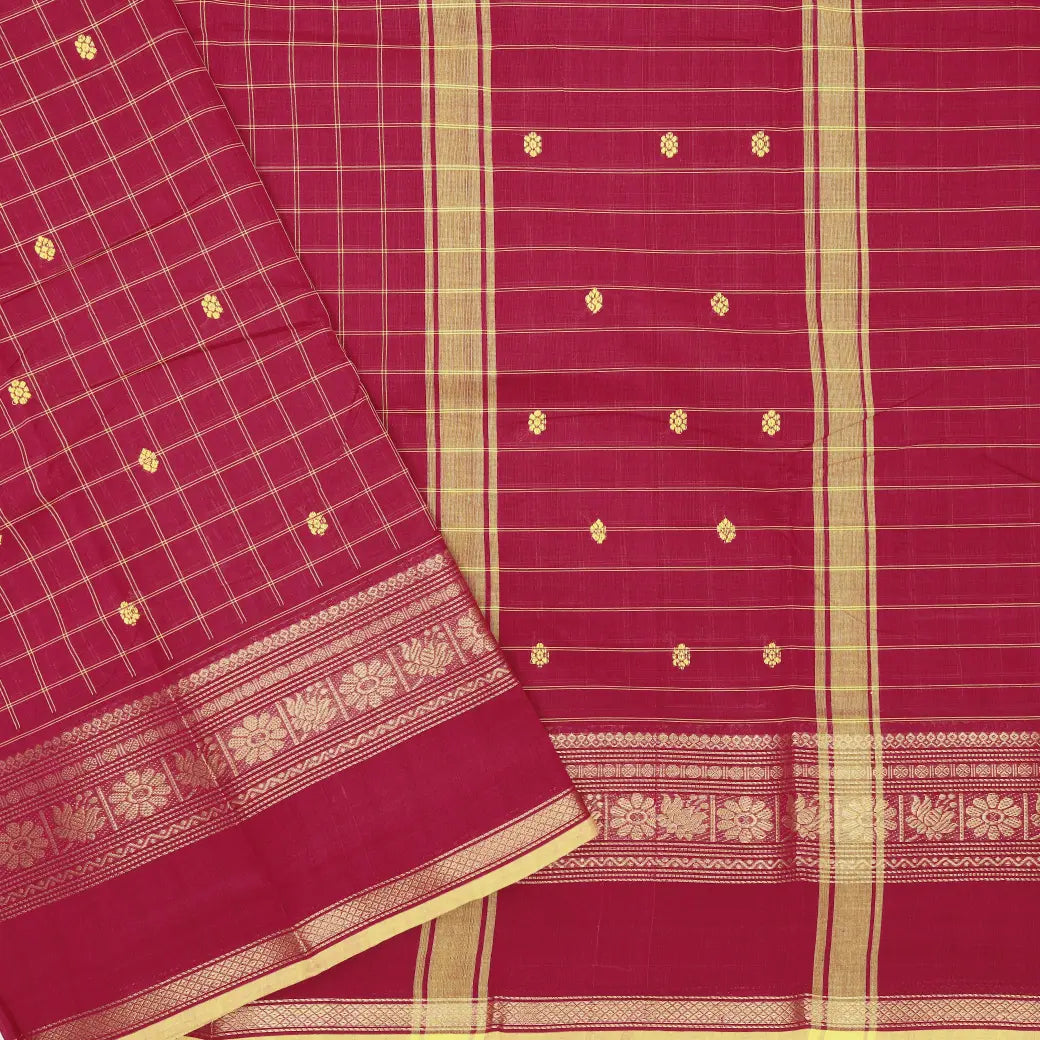 Dark Pink with Yellow Checked Pattern Pure Chettinad Cotton Saree without Blouse