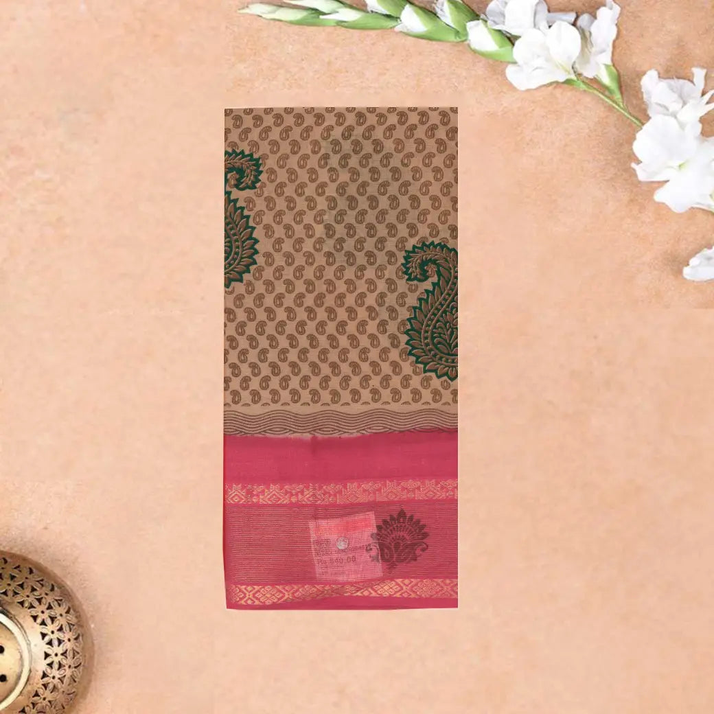 Brown with Pink Mul Mul Cotton Saree without Blouse