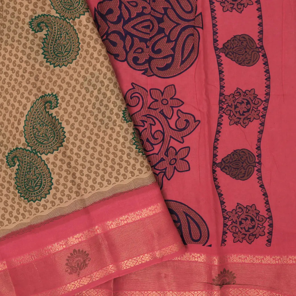 Brown with Pink Mul Mul Cotton Saree without Blouse