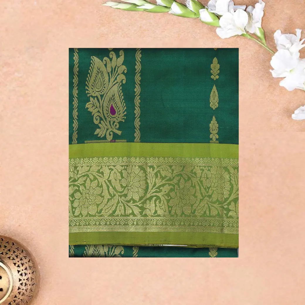 Green With Sage Green Border Floral Design Traditional  Pattu Pavadai Material