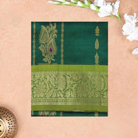 Green With Sage Green Border Floral Design Traditional  Pattu Pavadai Material