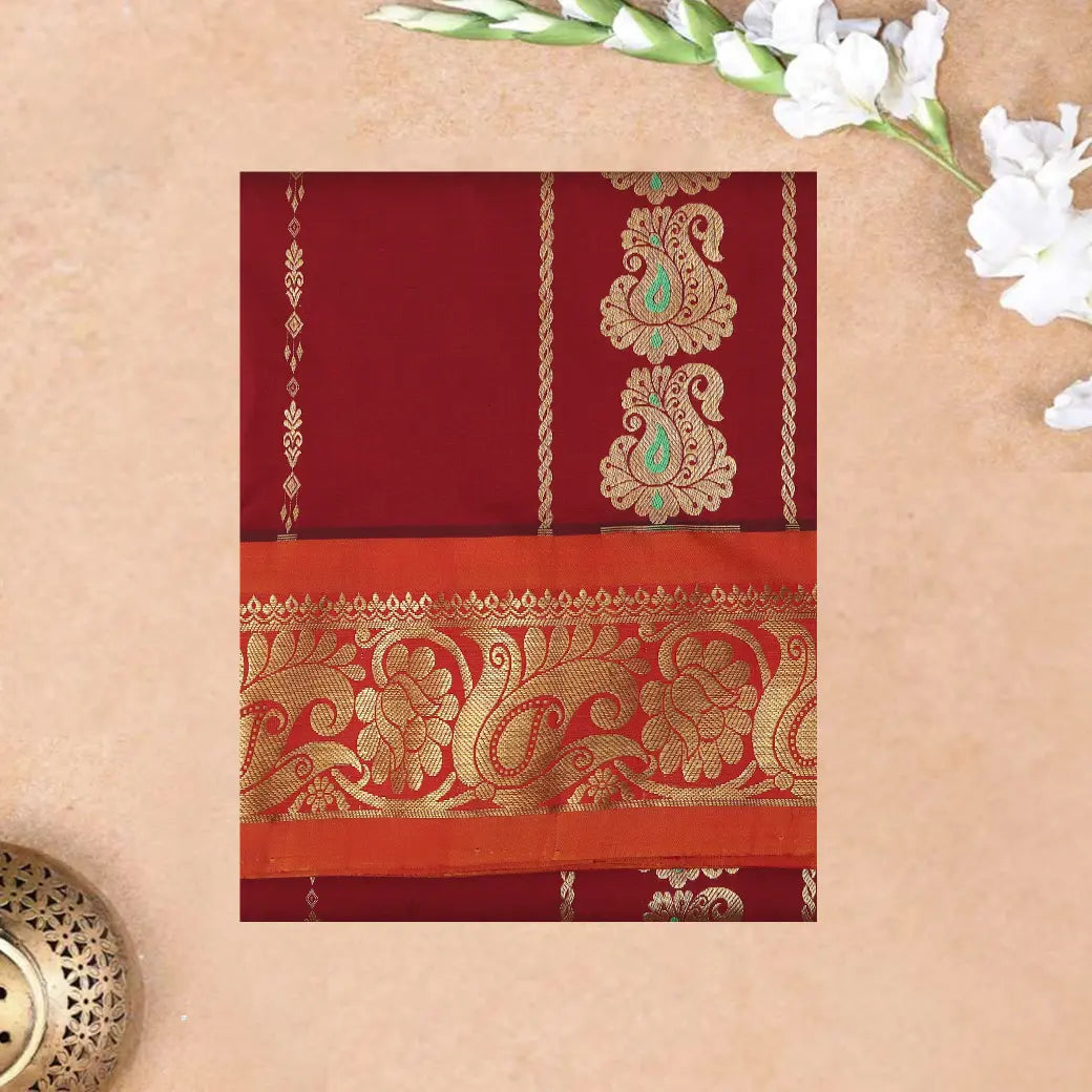 Maroon With Orange Border Floral Design Traditional  Pattu Pavadai Material