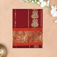 Maroon With Orange Border Floral Design Traditional  Pattu Pavadai Material