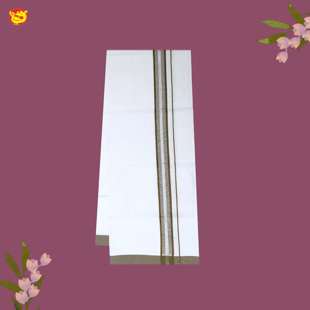 White with Olive Green Fancy Border Single Layer Cotton Men’s Dhoti