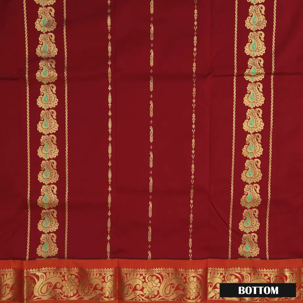 Maroon With Orange Border Floral Design Traditional  Pattu Pavadai Material