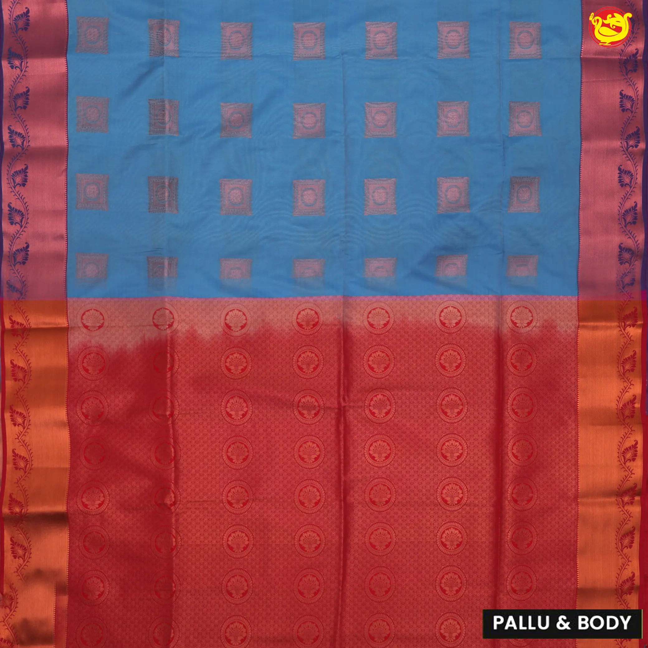 English Blue with Red Traditional Buttas Soft Silk Saree