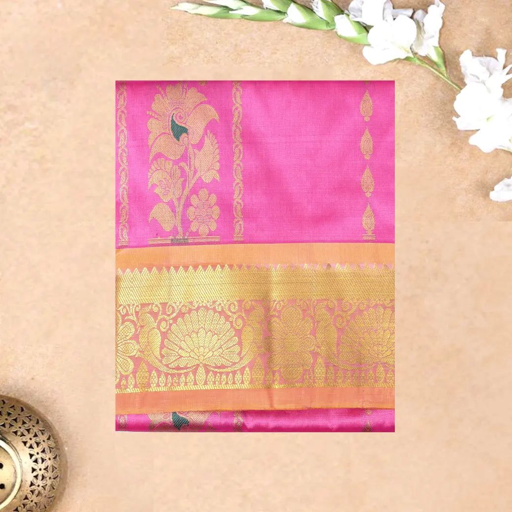 Pink With Light Orange Border Floral Design Traditional  Pattu Pavadai Material