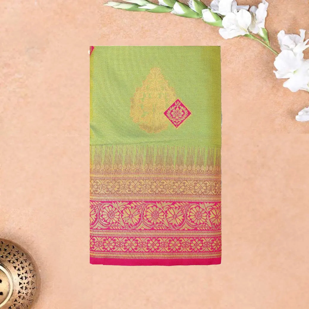 Green with Pink Soft Silk Saree