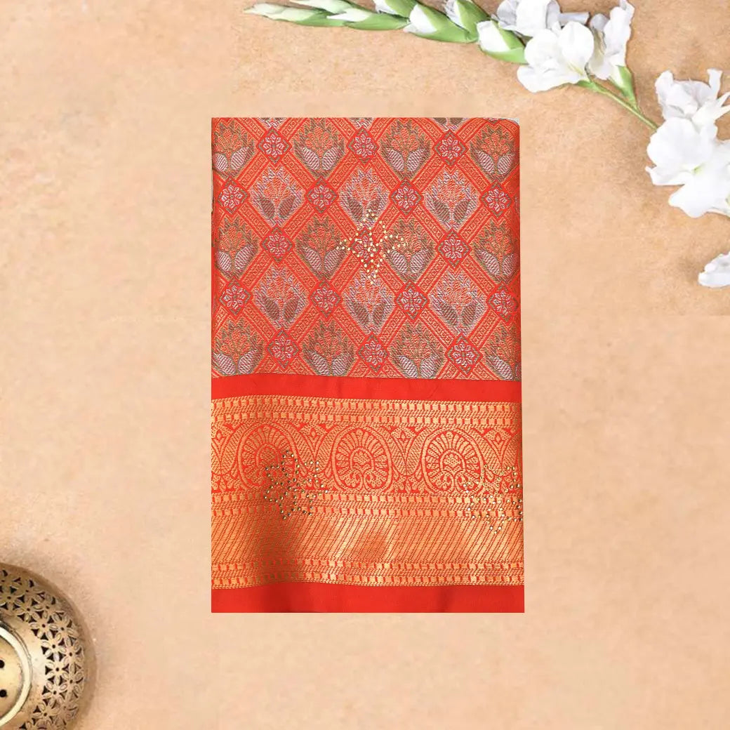 Orange -Red Colour Floral Design Traditional  Pattu Pavadai Material