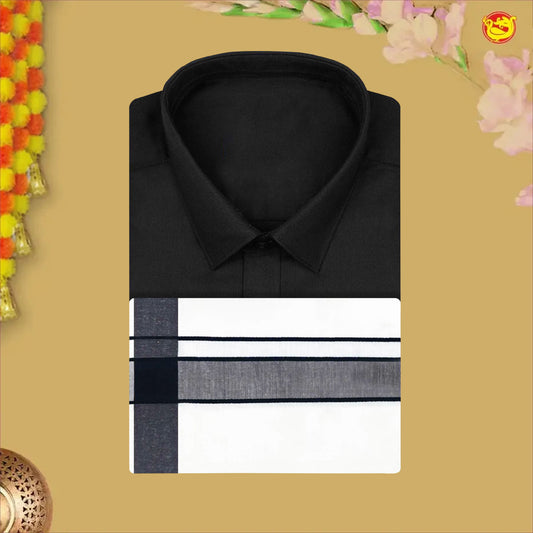 Black  With White Dhoti Readymade Plain Shirt And Matching Border Dhoti Set for Men