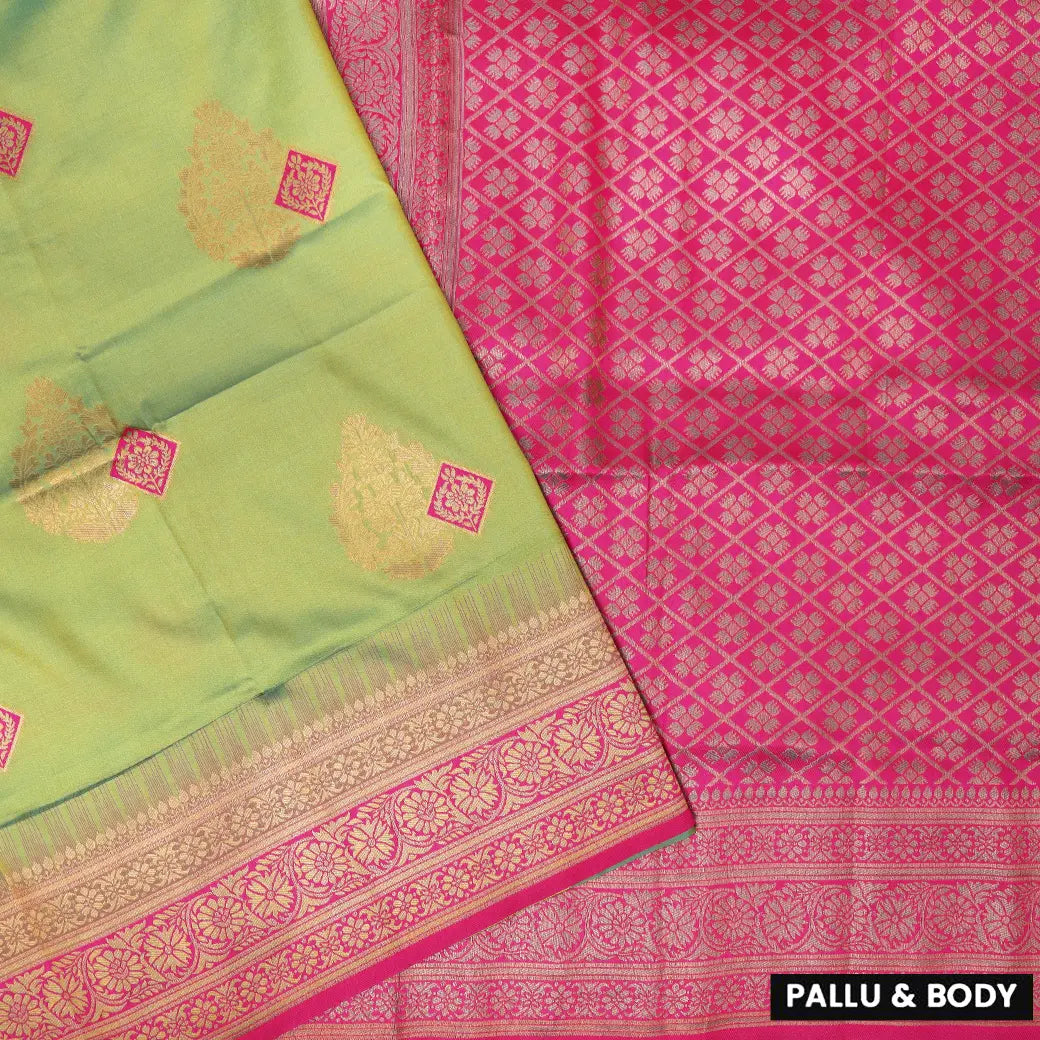 Green with Pink Soft Silk Saree