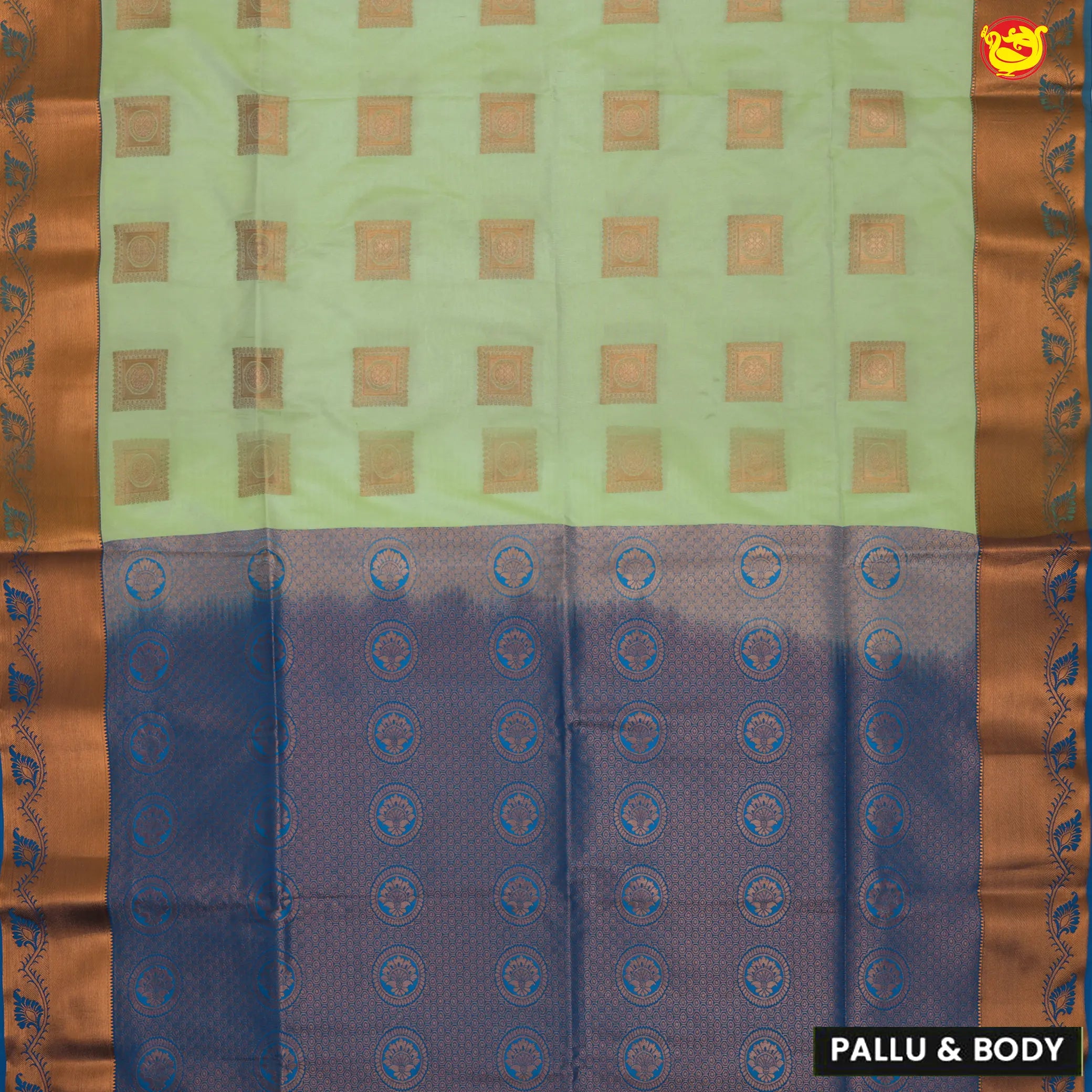 Pastel Green with Blue Traditional Buttas Soft Silk Saree