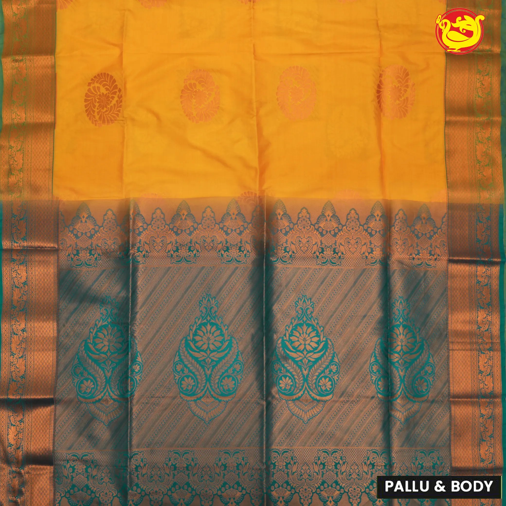 Mango Yellow with Bottle Green Traditional Buttas Soft Silk Saree