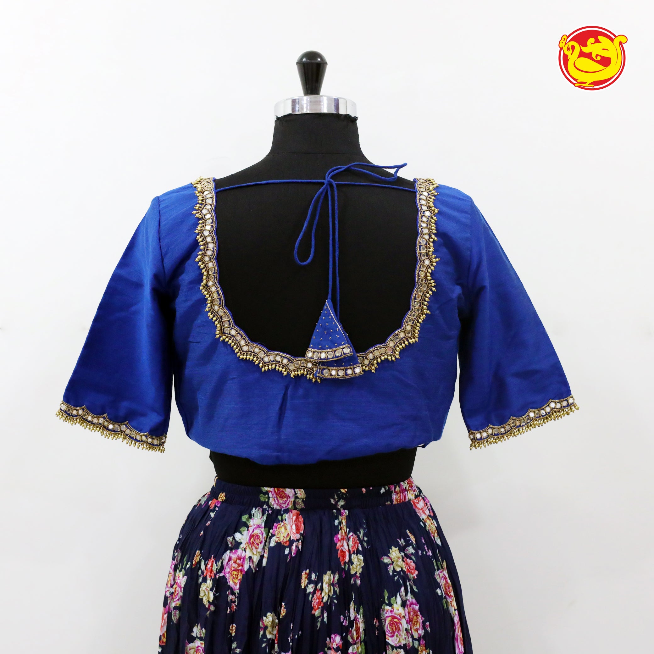 Dark blue aari and mirror work raw silk blouse