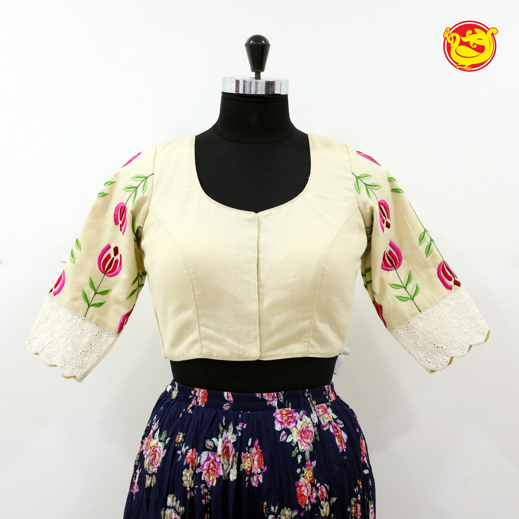 Cream embroidered cotton blouse