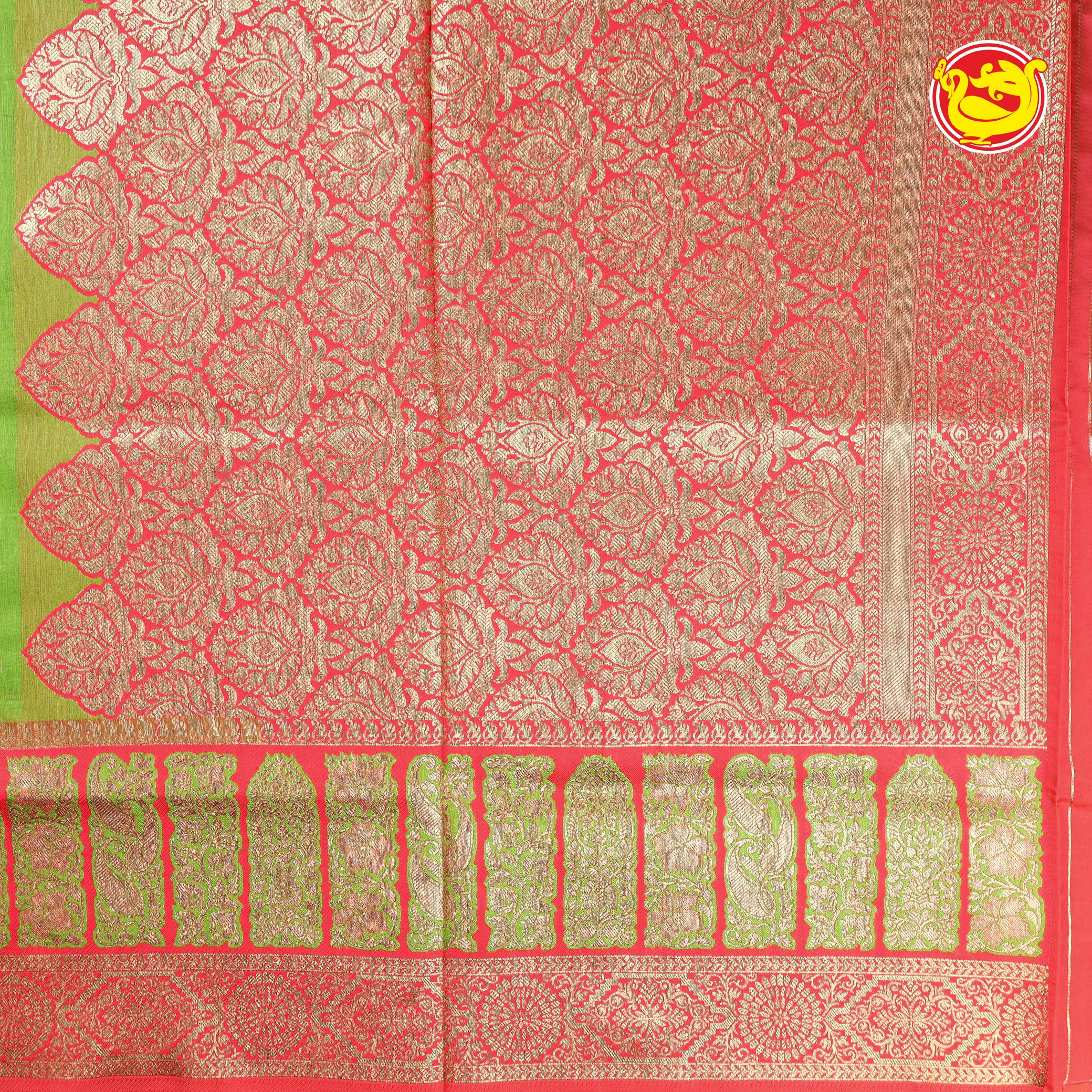 Parrot green with red raw silk saree