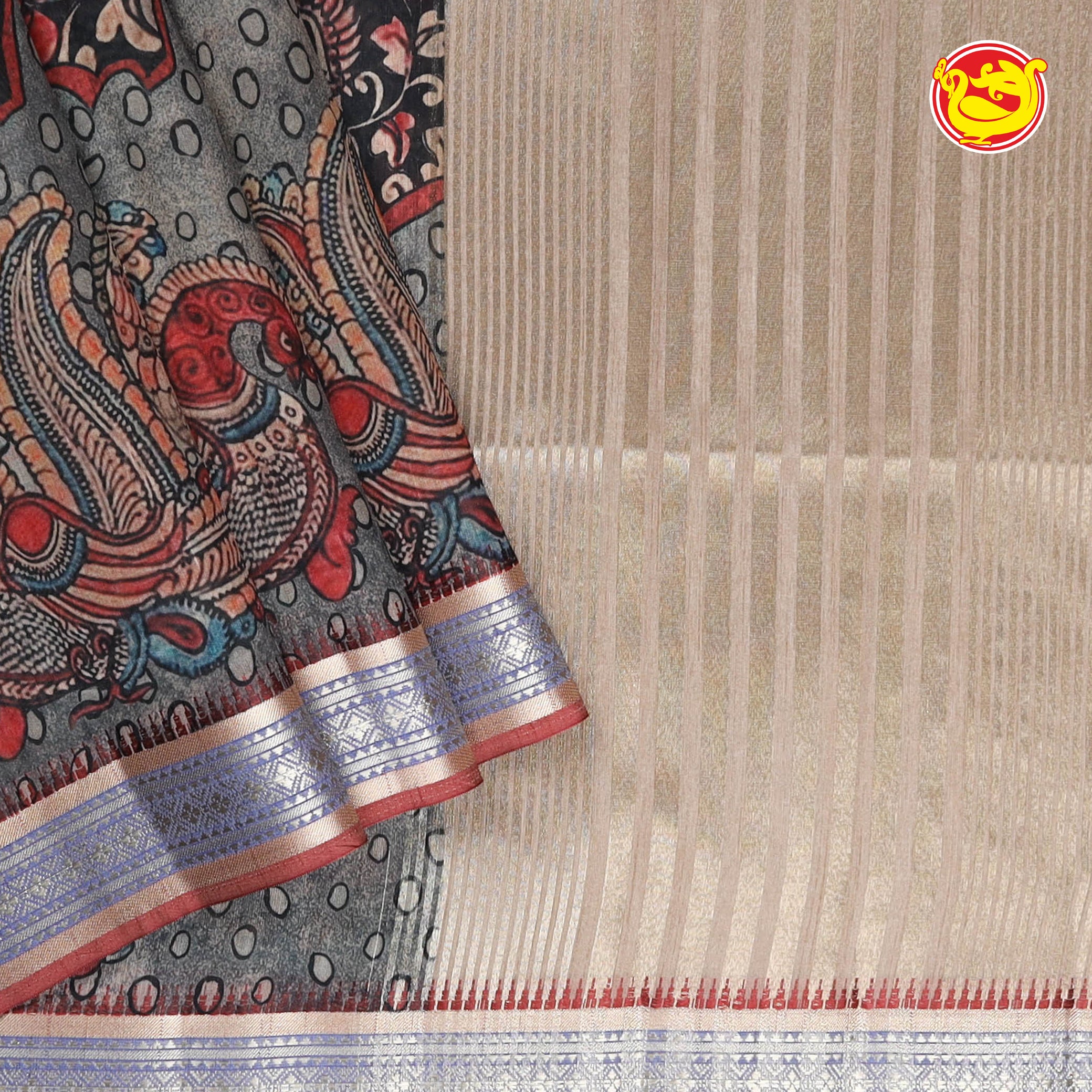 Grey with beige fancy cotton saree with digital prints