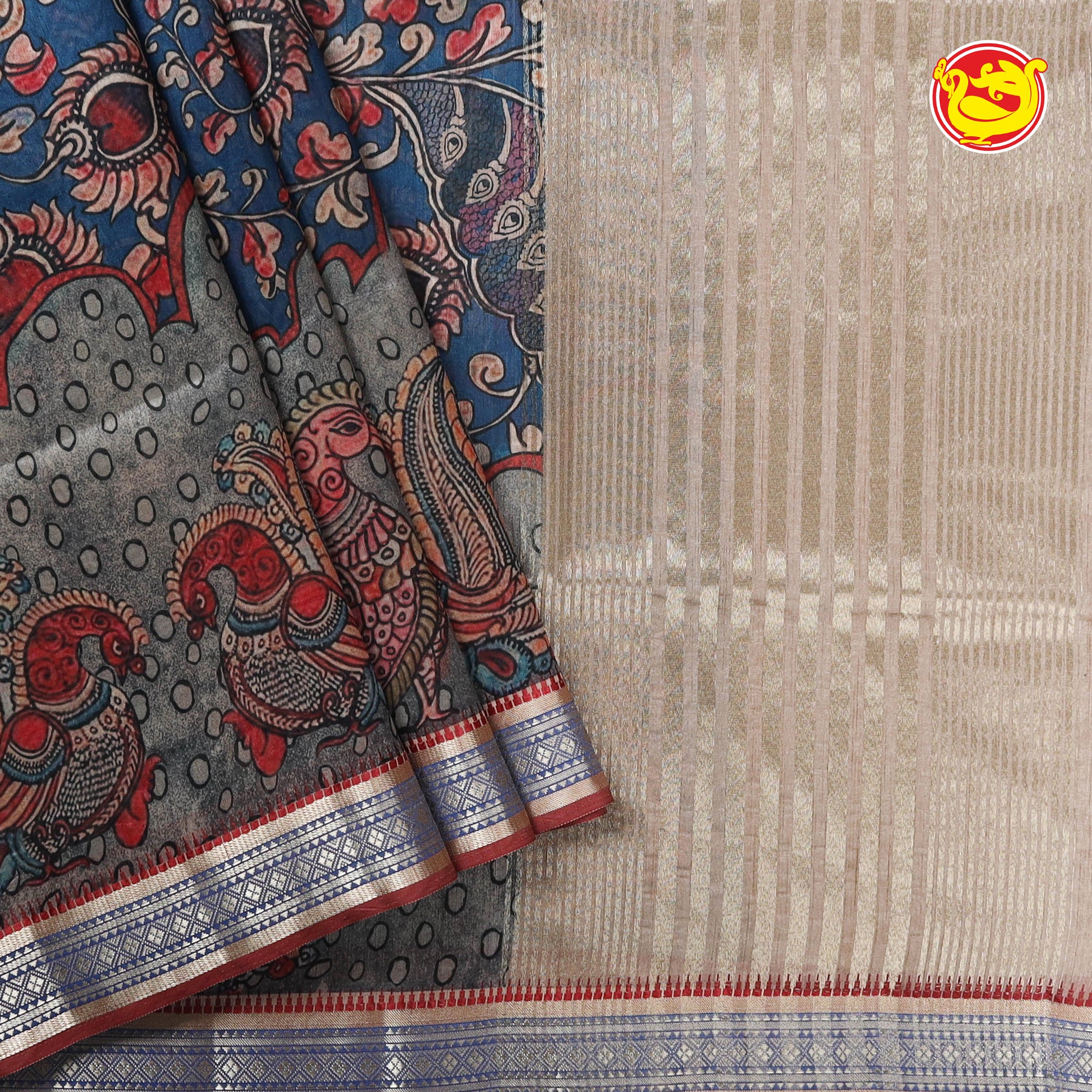 Grey with beige fancy cotton Saree with digital prints