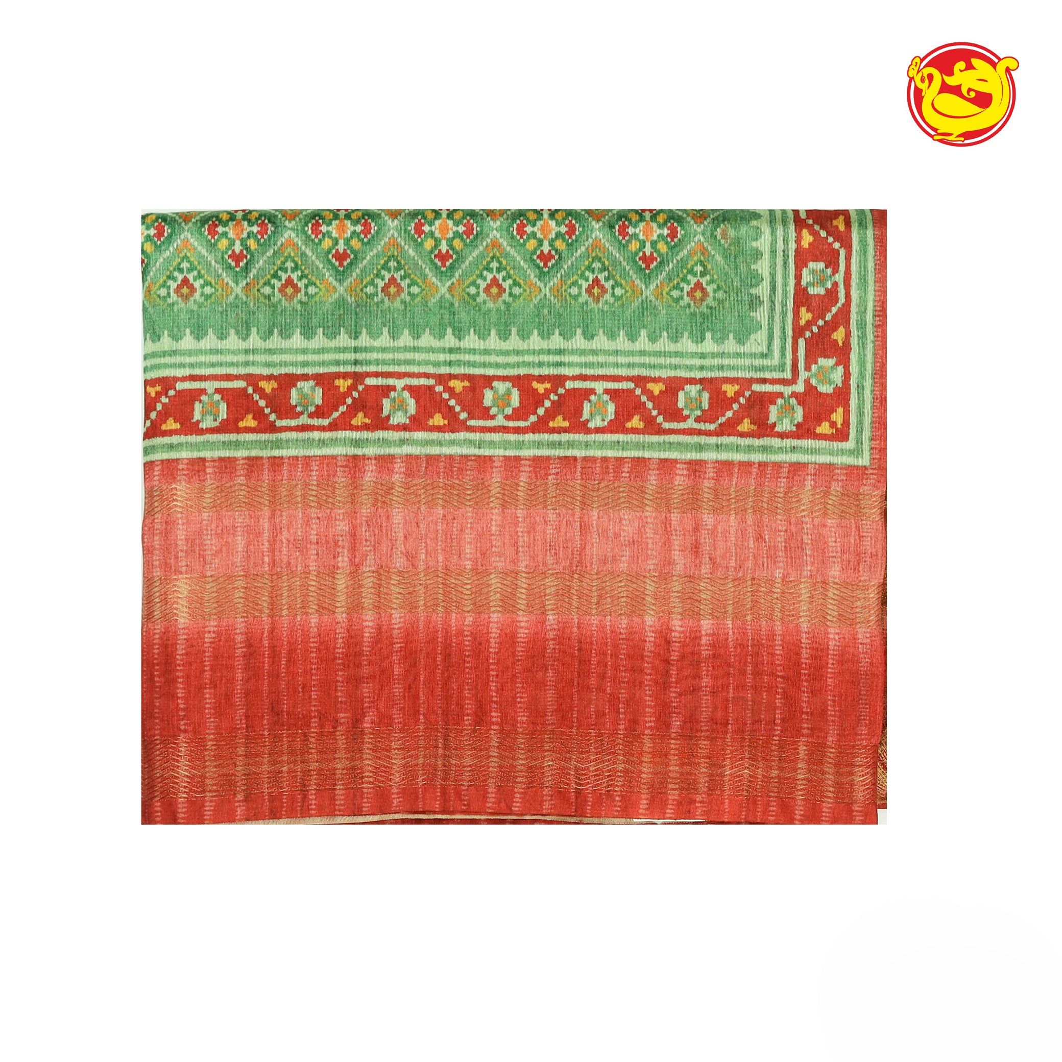 green with red art tussar saree with digital prints