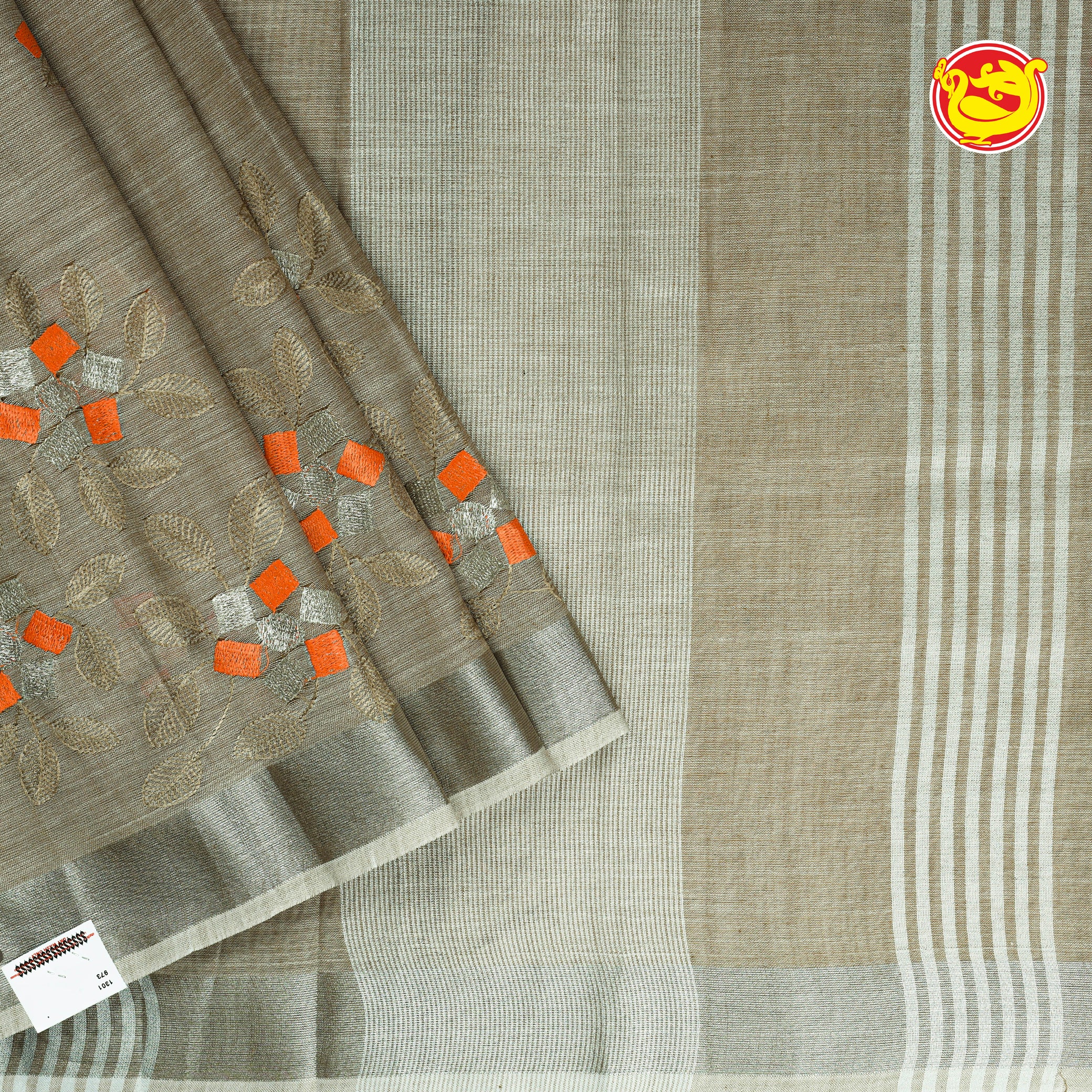 Grey linen cotton saree with embroidery