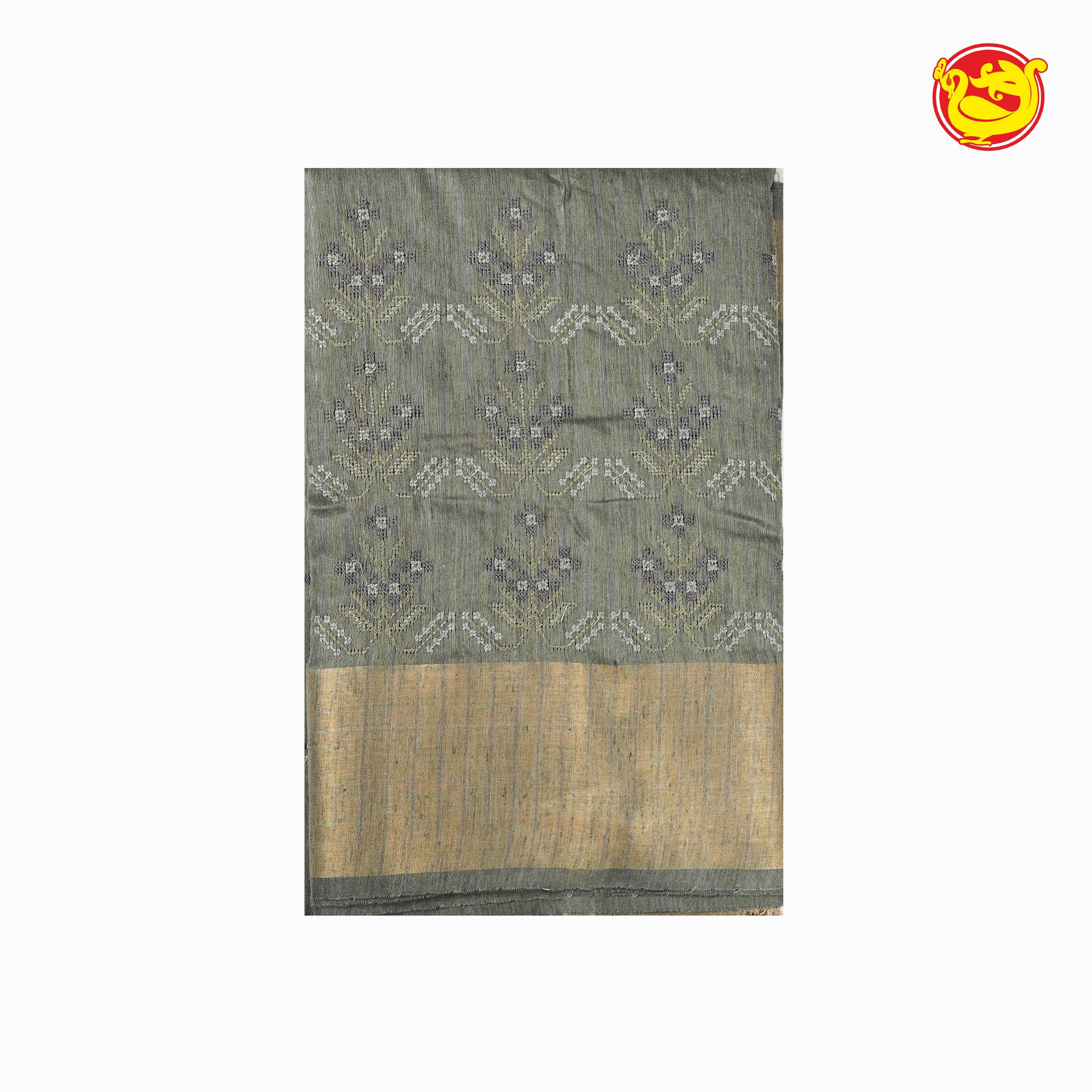 Grey fancy cotton saree with embroidery