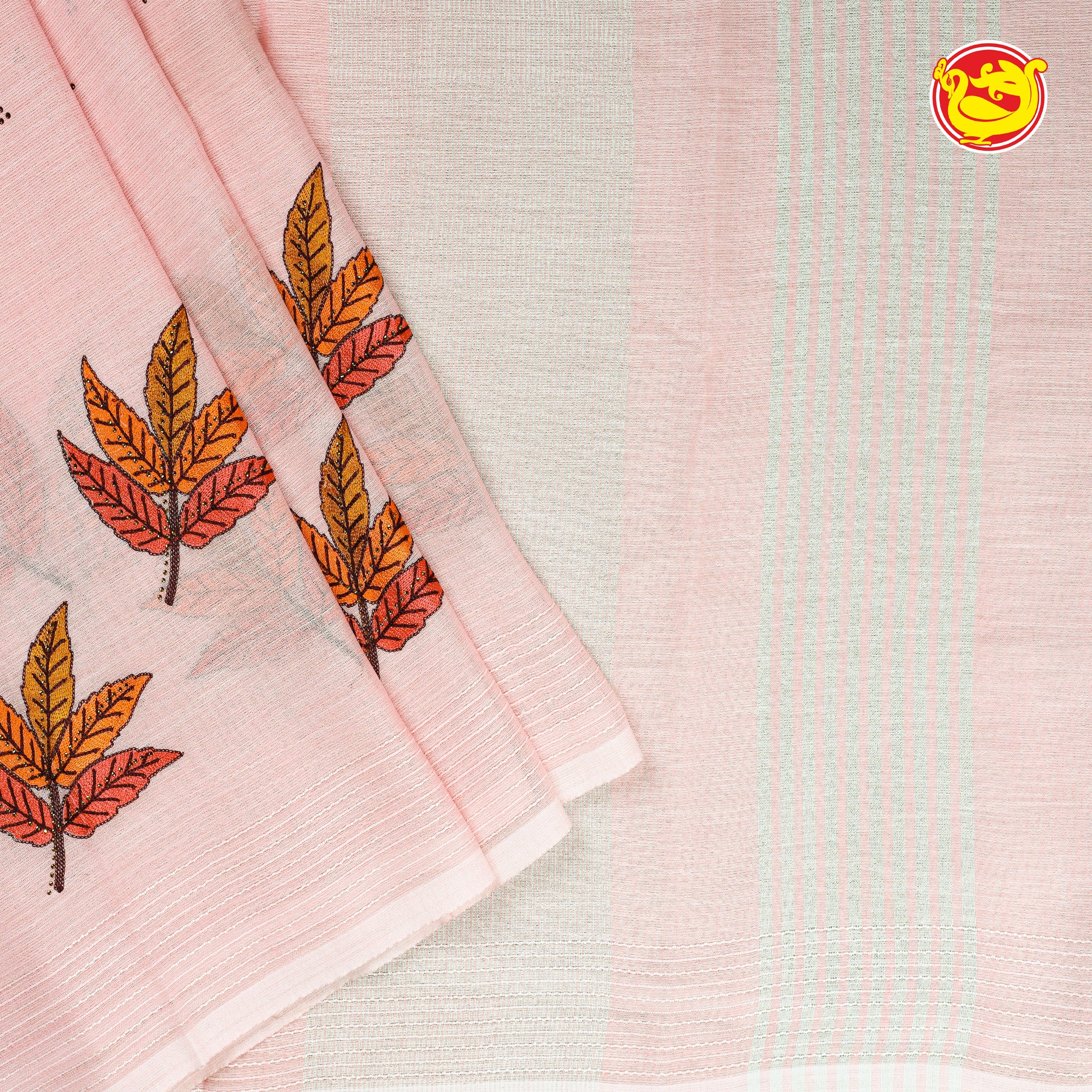 Pastel pink linen cotton saree with embroidery