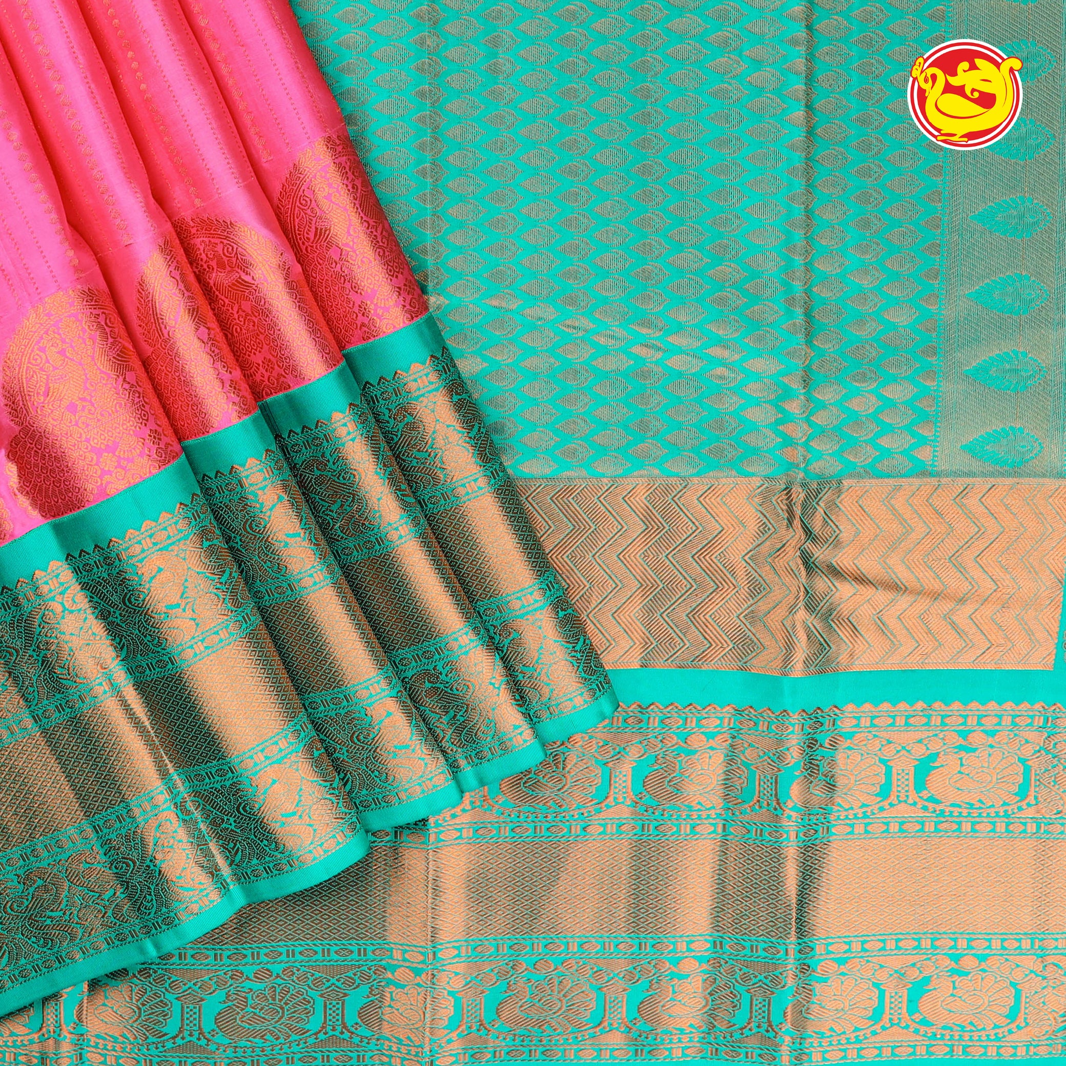 Pink with sea green embossed silk saree
